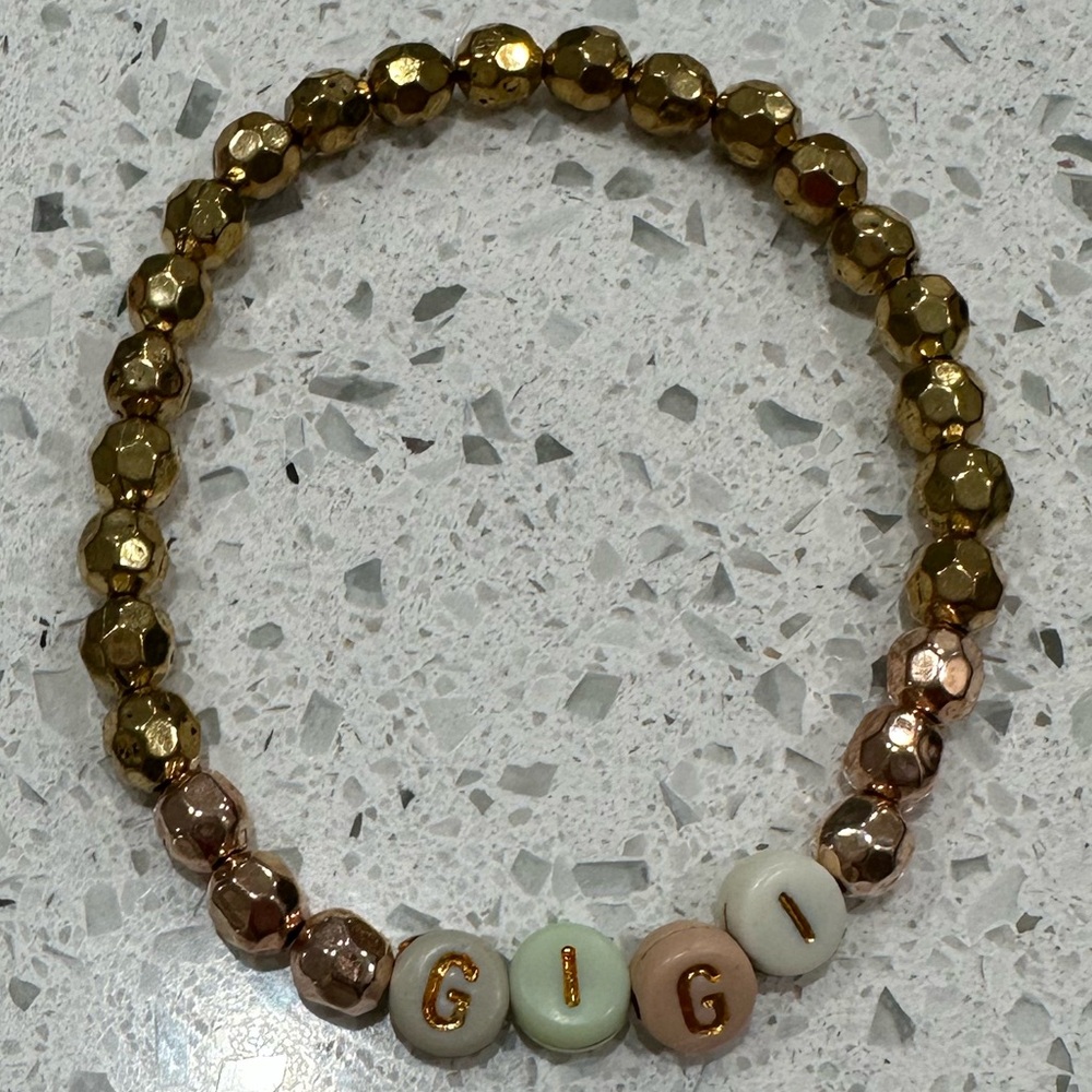Gigi Stretch Bracelet – Gold & Rose Gold Faceted Beads with Pastel Letter - Picture 2 of 4